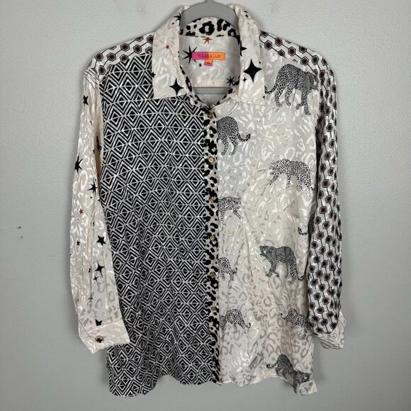 Vilagallo Top Cream Leopard Butterfly Print Shirt Celestial Womens Size 46 Boho - Picture 1 of 7